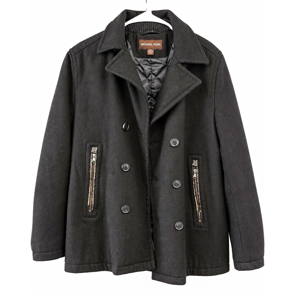 Michael Kors Men's Black Pea Coat Lined Pockets Button Short Coat Size L